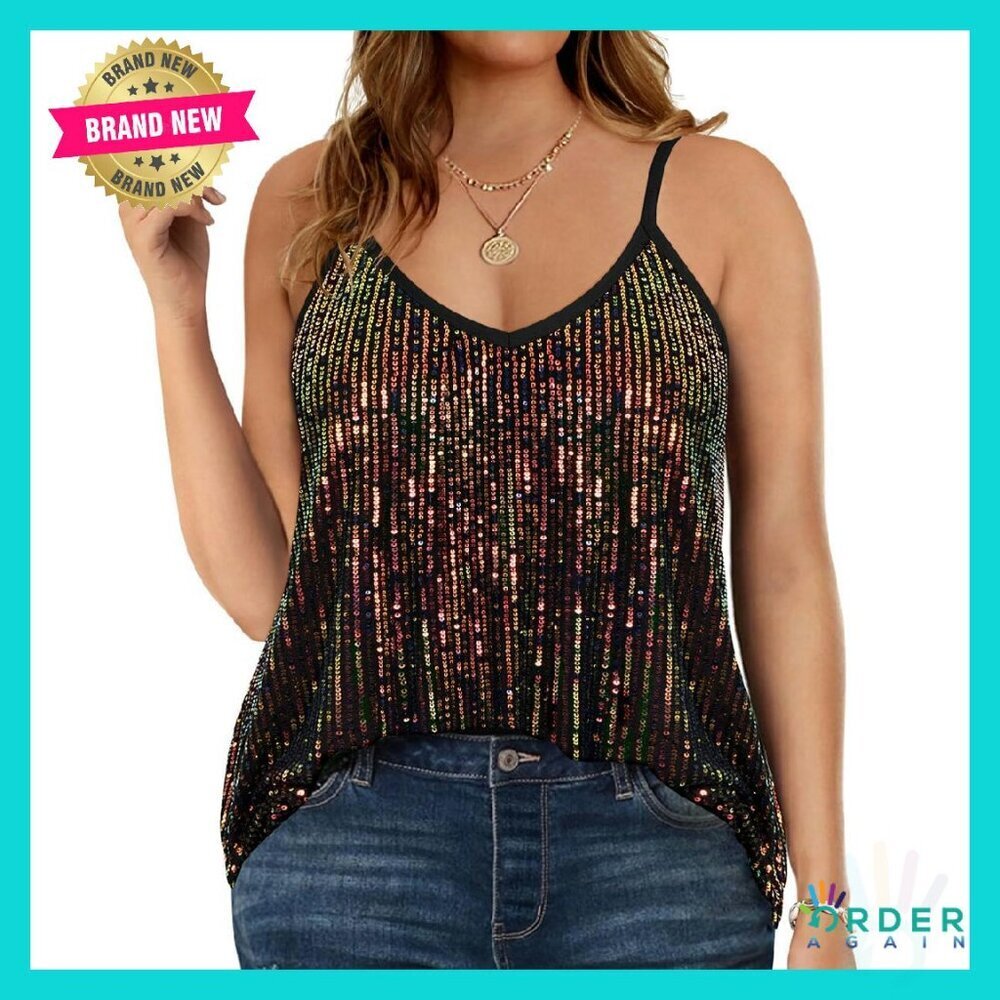 Plus Size Sequin Tank Top V Neck Strappy Sparkle Party Wear Sleeveless